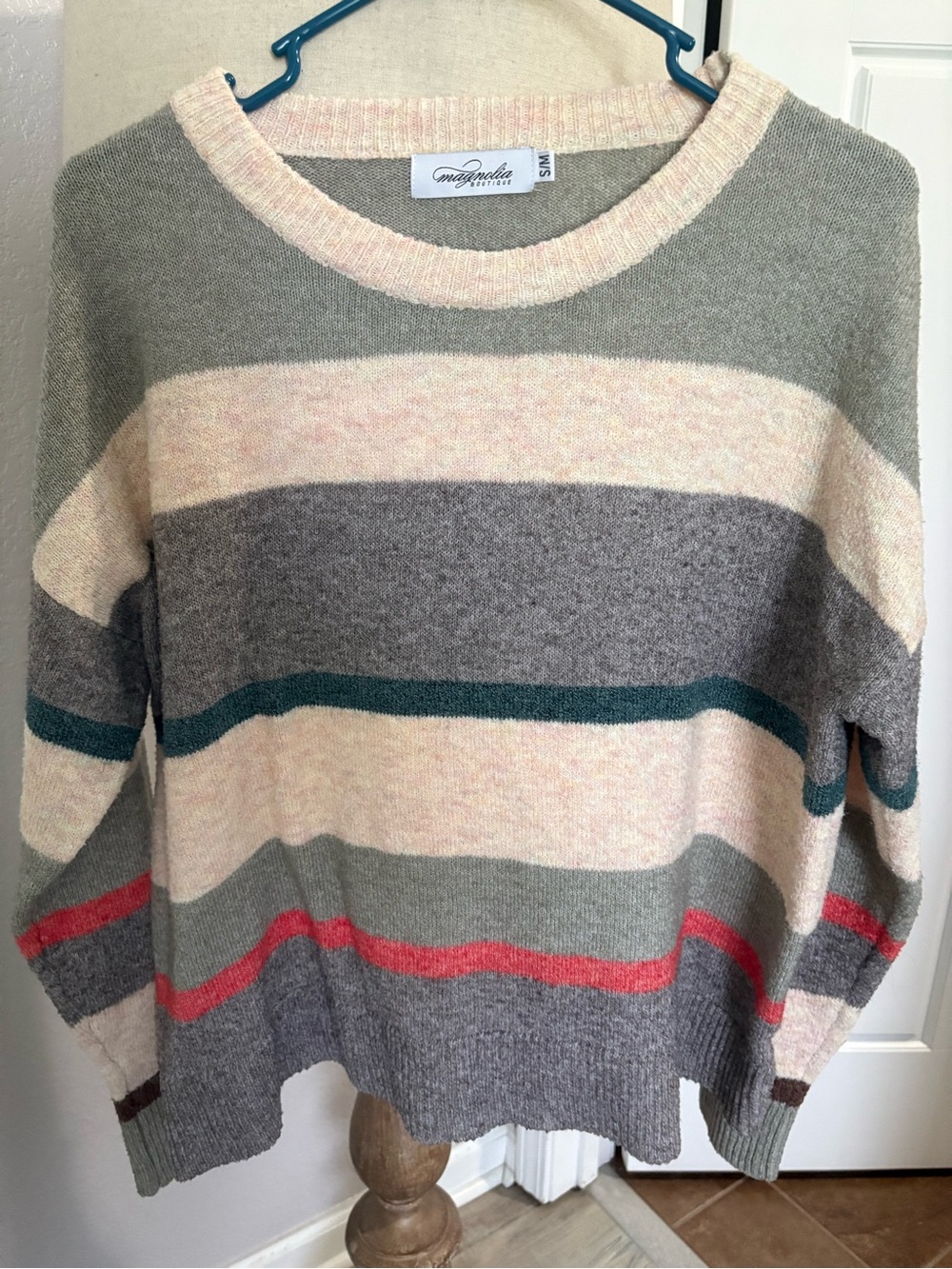 Magnolia Striped Crewneck Sweater in Cream, Gray, Pink & Teal